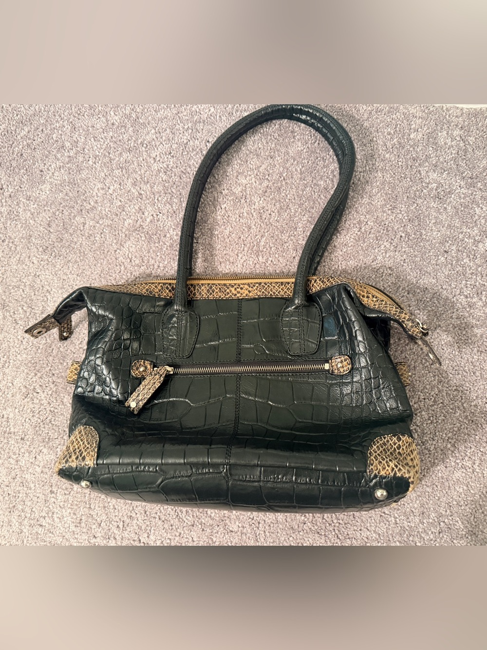 Black Croc-Embossed Shoulder Bag with Snake-Print Accent